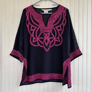 Gretchen Scott Women's Navy Blue Pink Relaxed Fit Long sleeve Sheer Tunic SMALL